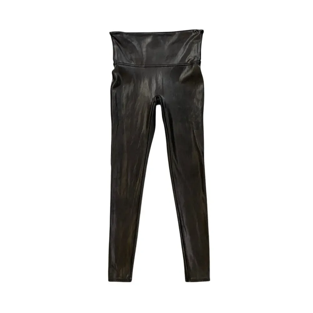 Spanx Leggings Womens M Medium Black Faux Leather Contoured Power Waistband